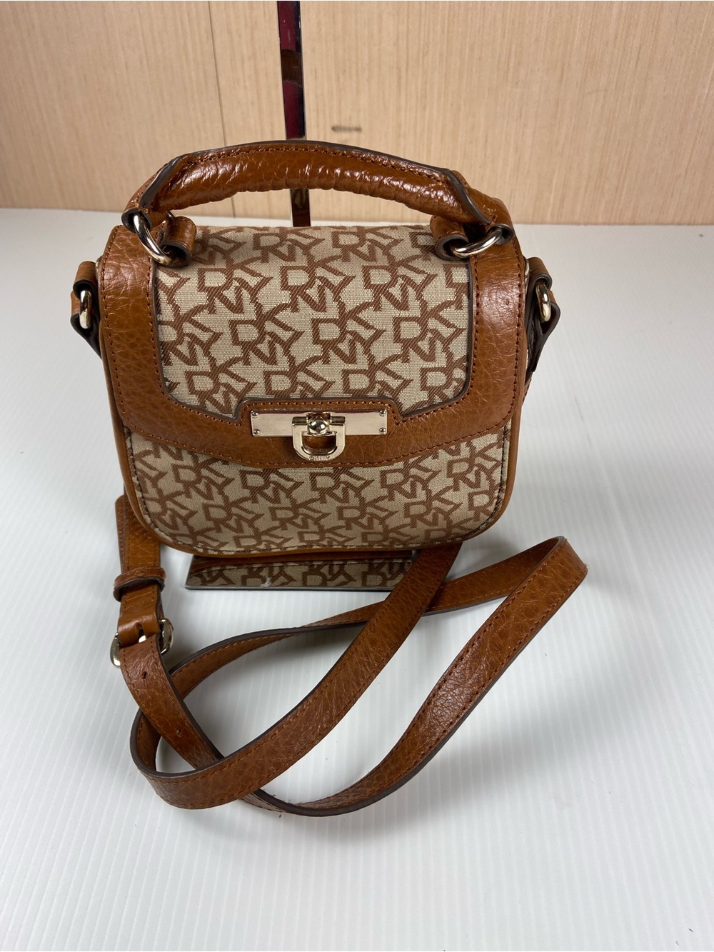 DKNY Monogram Mini Top Handle Crossbody Bag Brown Leather Trim